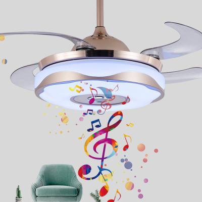 China Modern Amazon Music Player 42inch LED Ceiling Fans Blades Colorful Light Retractable Chandelier for sale