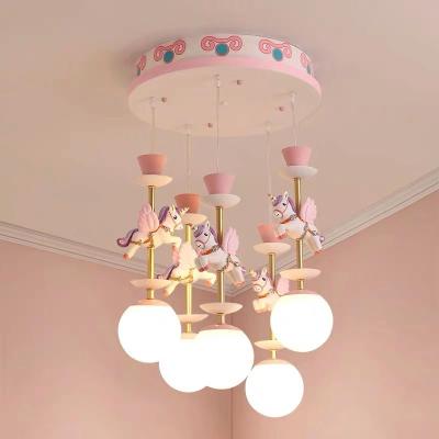 China Modern Creative Princess Pink Wooden Chandelier Kids Unicorn Horse Room Girl Pendant Light for Children for sale