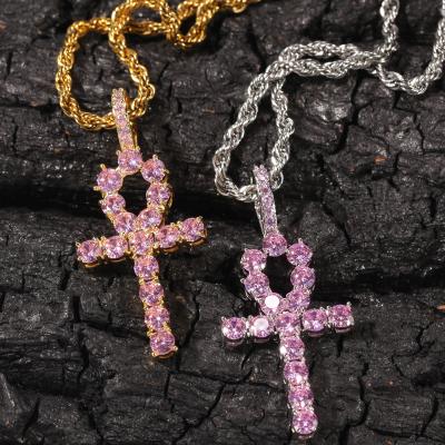 China Hip Hop Hip Hop Necklace Inlaid Key Pink Egyptian Cross Ankh Zircon Fashion Couples Pendant Accessories for sale