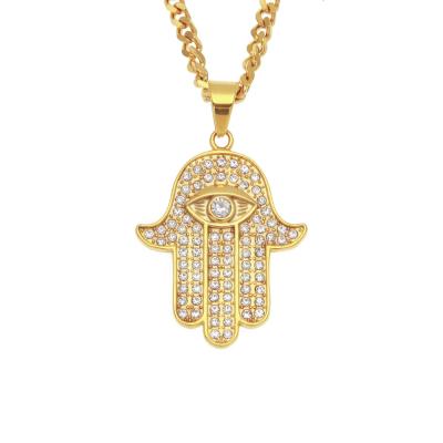 China Hiphop Stainless Steel Men's Necklace With Big Diamonds Hand Of Fatima Hip Hop Pendant for sale