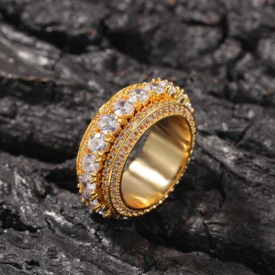 China Rotating Hiphop Men's Ring Electroplated Gold AAA+ Zircon Ring for sale