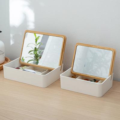 China Viable Portable Wooden Makeup Mole Storage Dressing Table Mirror Desktop Storage Box for sale