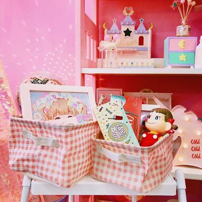 China Viable Cute Pink Plaid Cotton And Cosmetics Canvas Debris Basket Storage Desktop Basket for sale