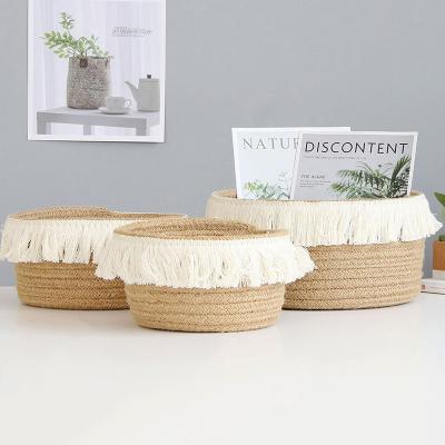 China Nordic Minimalist Jute Color Braided Tassel Storage Basket Home Storage Basket Tidying Debris Storage Basket for sale