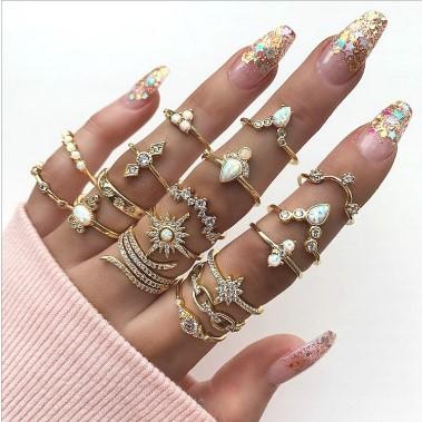 China TRENDY Wedding Ring Sets Crystal Stone Clear 17pcs/sets For Women Men Water Drop Flowers Sun Geoemtric Jewelry for sale