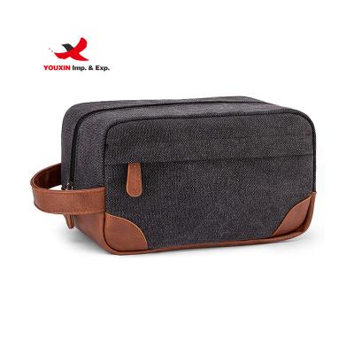 China Durable Makeup Bag Personalized Canvas Travel Toiletry Bag Canvas Makeup Pack Organizer with PU Leather Handle Cosmetic Bag for sale