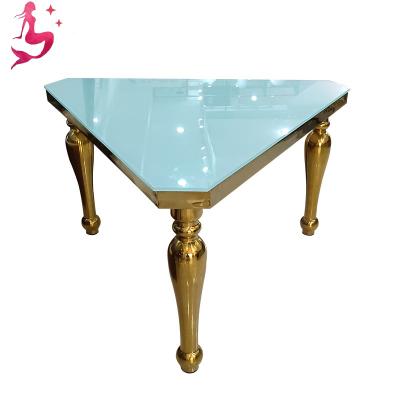 China Wholesale Modern Gold Triangle Stainless Steel Furniture Event Banquet Wedding Celebration Glass Table Tables for sale