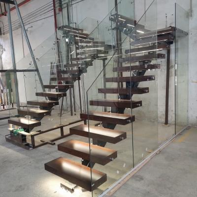 China Modern Metal Center Design Prefab Staircase House Supplier Custom Floating Straight Steel Stringer Staircase With Glass Railing for sale