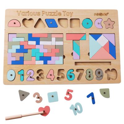 China Eco-Friendly Material Toys Multifunctional 5 Shape Wooden Educational Number Math Wooden Puzzle Toys In1 For Kids for sale