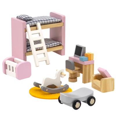 China Eco-Friendly Non-Toxic Dollhouse Miniatures Furniture Set Wooden Living Room Bedroom Kitchen Accessories Pretend Play For Kids for sale