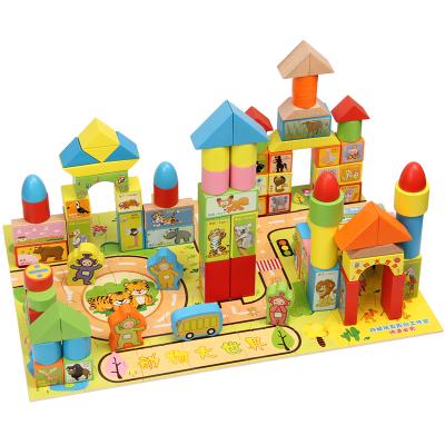 China Children Play World Large Wooden Animals Building Blocks with Puzzle CDN-3338 for Kids Toys Wood Toys Educational Toys 180PCS High Quality 2.3KG for sale