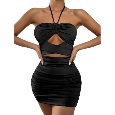 China Sexy Anti-Static Women Club Halter Criss-Cross Cavity Ruched Mini Casual Bodycon Dresses Sleeveless Ruched Backless for sale