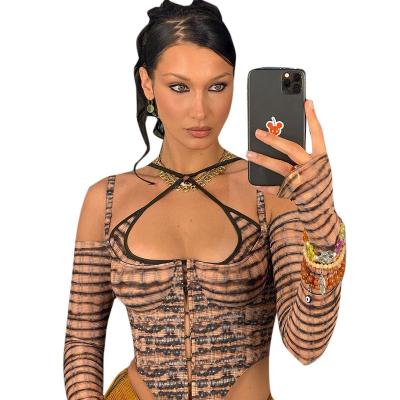 China Top Quality Breathable Sexy Transparent Club Women Clothes Hollow Out Long Neck Sleeve Crop Top for sale