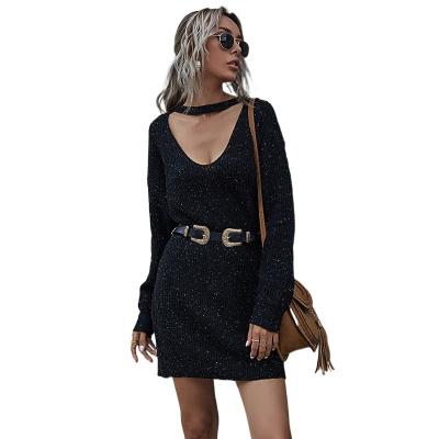 China Black High Shiny Embellishment Anti-wrinkle Spring V-Neckline Loose Waist Long Sleeve Dress Women Autumn Deep V-Neck Long Sleeve Dress Women for sale