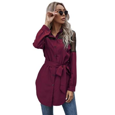 China Autumn Solid Color Belt Dress Women's Fashion Anti-Wrinkle Shirt Dress Lapel Loose Loose Long Sleeve Dress for sale