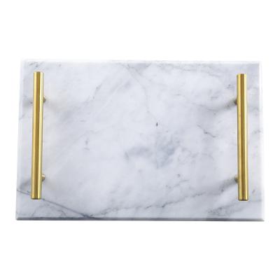 China Eco-friendly Home Decoration Luxury Metal Gold Decor Marble Handle Serving Tray for sale