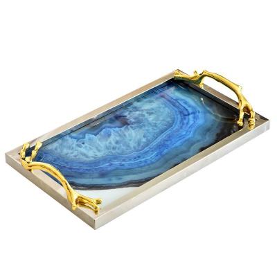 China Eco-friendly Luxury Modern Home Blue Agate Gold Decoration Glass Decorative Table Handle Serving Tray for sale