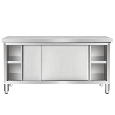 China Restaurant food grade stainless steel double doors storge kitchen table heavy duty steel work bench with drawers for sale