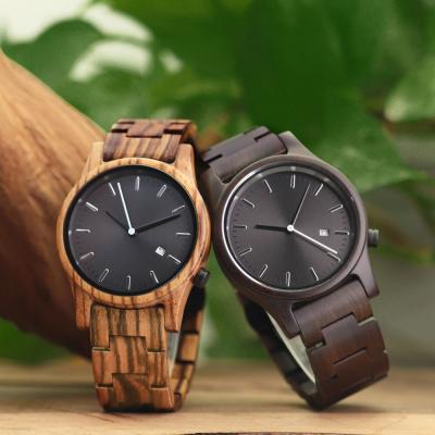 China Custom Day/Date Luxury Natural Quartz Movt Logo Black Sandal Wood Clock Watch Wristwatches Holz Uhr Sports for sale