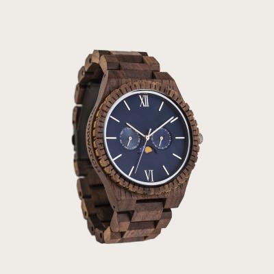 China Luxury Automatic Wooden Mechanical Watch Wooden Case Plase Moon Date Mechanical Watch for sale