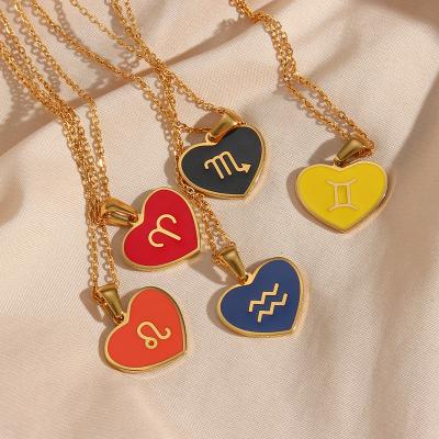 China FASHIONABLE Jewelry Wholesale Enamel Heart 12 Zodiac Signs Necklace Colorful Gold Plated Stainless Steel Pendant Necklace For Women for sale