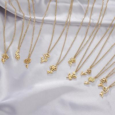 China 2022 TRENDY New Trendy Birth Month Flower Necklace For Women Stainless Steel Jewelry 12 Month Birth Sign Flower Pendant Necklace for sale