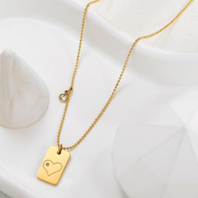 China TRENDY Stainless Steel Necklace Wholesale Gold Plated Jewelry Rectangle Card Pendant Engraved Heart With Zirconia Stone Women Necklaces for sale