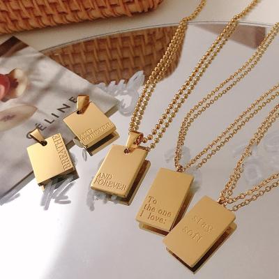 China Fashion Jewelry 18k Gold Letter Rectangular Pendant Necklace Wholesale TRENDY Chain Necklace Custom Engraved Stainless Steel Necklace For Unisex for sale