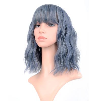 China Barely Shedding Soft Thick Straight Synthetic Hair Heat Resistant Misty Blue Wigs With Bangs for sale