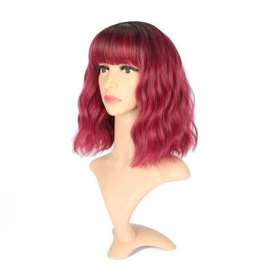 China Wholesale Price Barely Soft Thick Elastic Band Shedding Short Burgundy Adjustable Synthetic Wigs With Bangs for sale