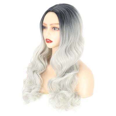 China Best Quality Deep Synthetic Heat Resistant Synthetic Hair Long Sheer Straight Soft Thick Curl Barely Shedding Silver Wigs for sale