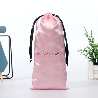 China Custom Water Wave Logo Satin Gift Pouch Eyelash Wig Storage Packaging Silk Smooth Drawstring Bag for sale