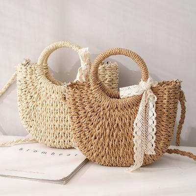 China Fashoion Straw Bag Women Hand-Woven Handbag moon shape lace bow rattan bag large capacity drawstring casual beach shoulder cross - body bag for sale