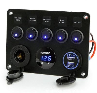 China SPST ON OFF Waterproof 5 Band RV Car Panel with ON OFF Dual USB Charger Cigarette Socket Dot Rocker Switch Digital Voltmeter 4.2A for sale