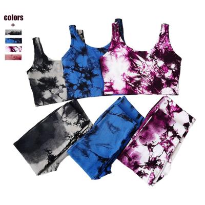 China Hot Sale Fitness Yoga Wear Seamless Gym Sets Tie Dye Printed Leggings Sets High Stretch Workout Fabrics for sale