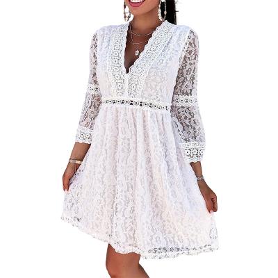 China Wholesale Anti-static Elegant Casual Dress Ladies Long White Sleeve Hollow Out Floral LCE Dresses for sale