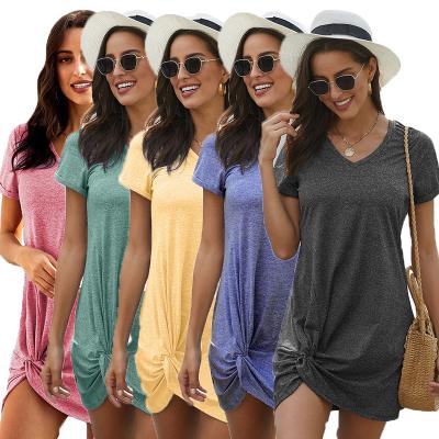 China Breathable Casual V-Neck Knee Sleeve Shorts Soild Women's Triblend Knot Side Length Summer 2021 Dress for sale