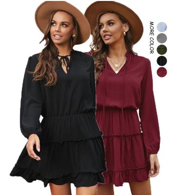 China 2021 Hot Selling Solid Color Anti-static Drawstring V-Neckline Long Sleeve Flowy Sleeve Ruffle Dress Mini Dress for sale