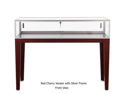 China Red Cherry Veneer Wood Glass Jewelry Display Cabinet With Silver Frame for sale