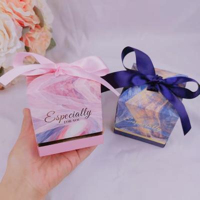 China Recycled Materials 8*8*8cm Square Shape Candy Box Pink And Blue Color Wedding Box With Ribbon Decoration for sale