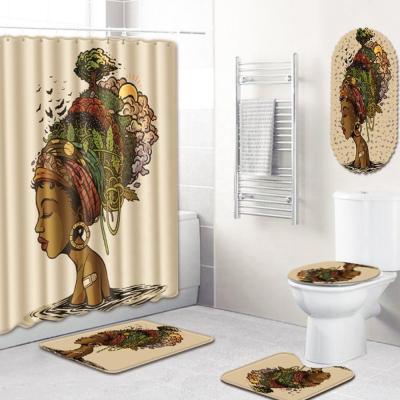 China Sustainable African Girl Digital Printed Shower Curtain And Bath Cover 4pc Set For Bathroom for sale