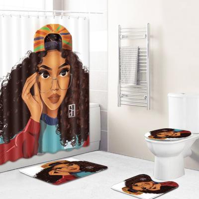 China Sustainable African Girl With Glasses 3D Shower Curtain Digital Printing Bath Mat Set For Bathroom for sale