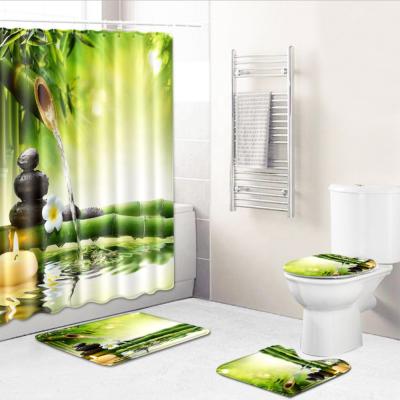 China Sustainable Stone Bamboo And Water Green 3D Printed Bathroom Shower Curtain And Bath Mat Set for sale