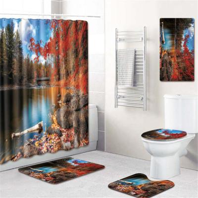 China Autumn Sustainable Landscape 3D Printed Bathroom Shower Curtain And Bath Mat Set for sale