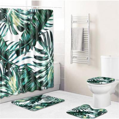 China Sustainable Tropical Plant Green Leaves Shower Curtain With Bath Cover 5pc Set For Bathroom for sale