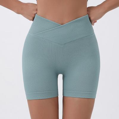 China Breathable New ribbed Cross Waist Yoga Shorts with Thread High Waist and Hip Lift V cut seamless short for Women sexy sports set for sale