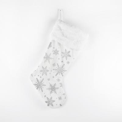 China White Faux Fur 50cm Christmas Stocking With Snowflakes Pattern Plush Faux Fur Cuff For Christmas Party Decoration for sale