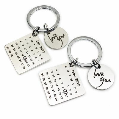 China Factory Supply Direct Pendant Stainless Steel Calendar Lettering Couples Anniversary Key Chain Key Ring FASHIONABLE for sale