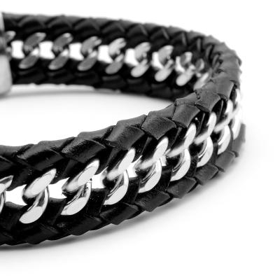 China Fashionable Simple Cowhide Bangle Solid Color Male Titanium Steel Chain Punk Bracelet for sale