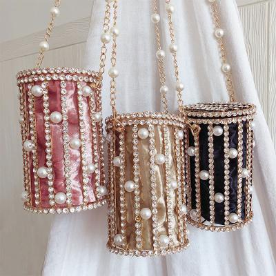 China 100% Eco-friendly Cylindrical Rhinestone Metal Cage Evening Purse Ladies Beaded Chain Bucket Shoulder Bag for sale